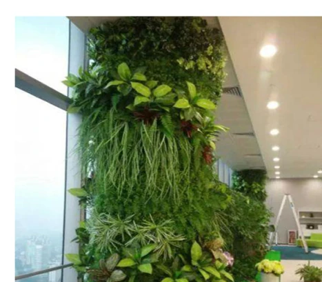 Artificial green wall wrapped around a commercial column