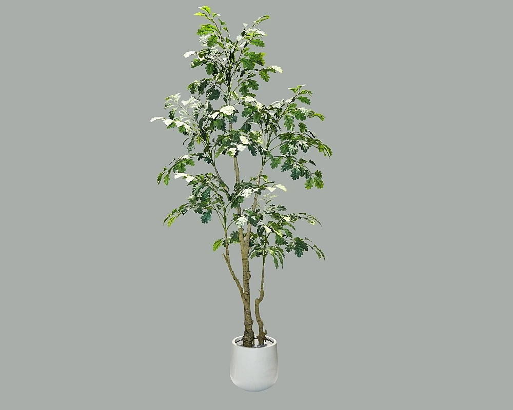 Standard potted artificial oak tree with variegated foliage
