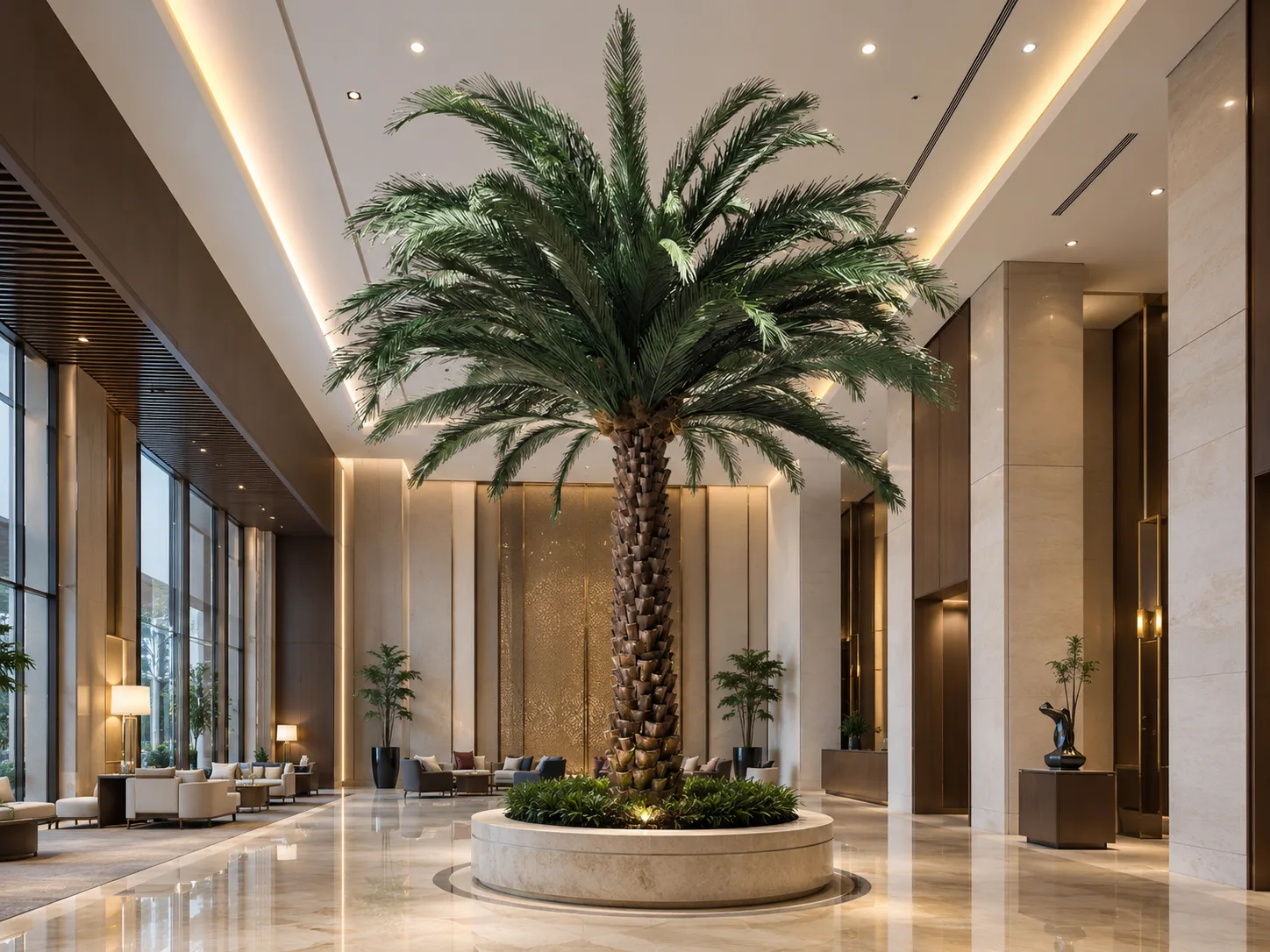 Preserved date palm installed in a commercial hotel lobby interior