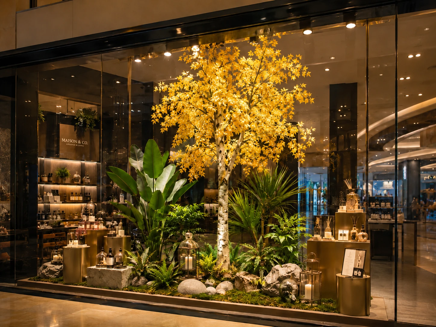 Yellow faux birch tree retail window display