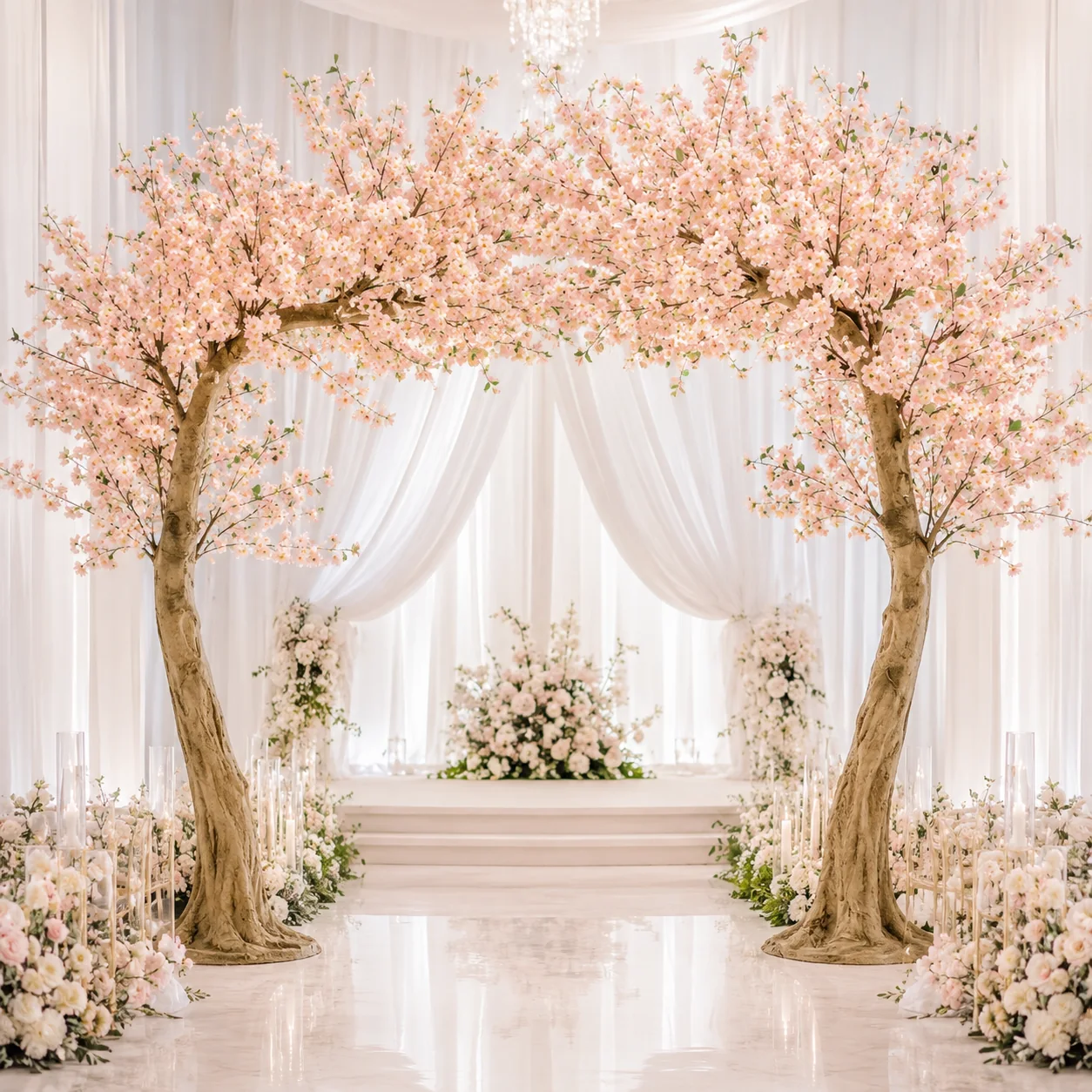 Artificial cherry blossom trees forming a wedding arch installation