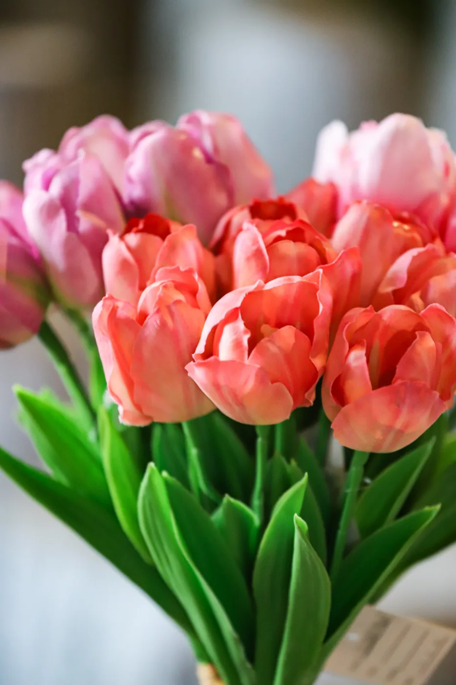 Coral and pink artificial tulip bouquet for spring commercial displays