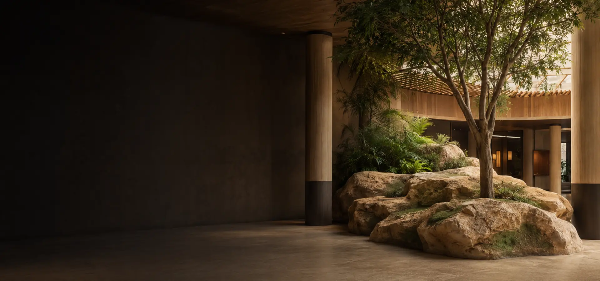 Custom artificial rockwork integrated into a hospitality interior