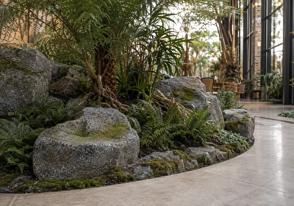 Custom artificial rockwork integrated with planting and exposed roots in a commercial indoor garden