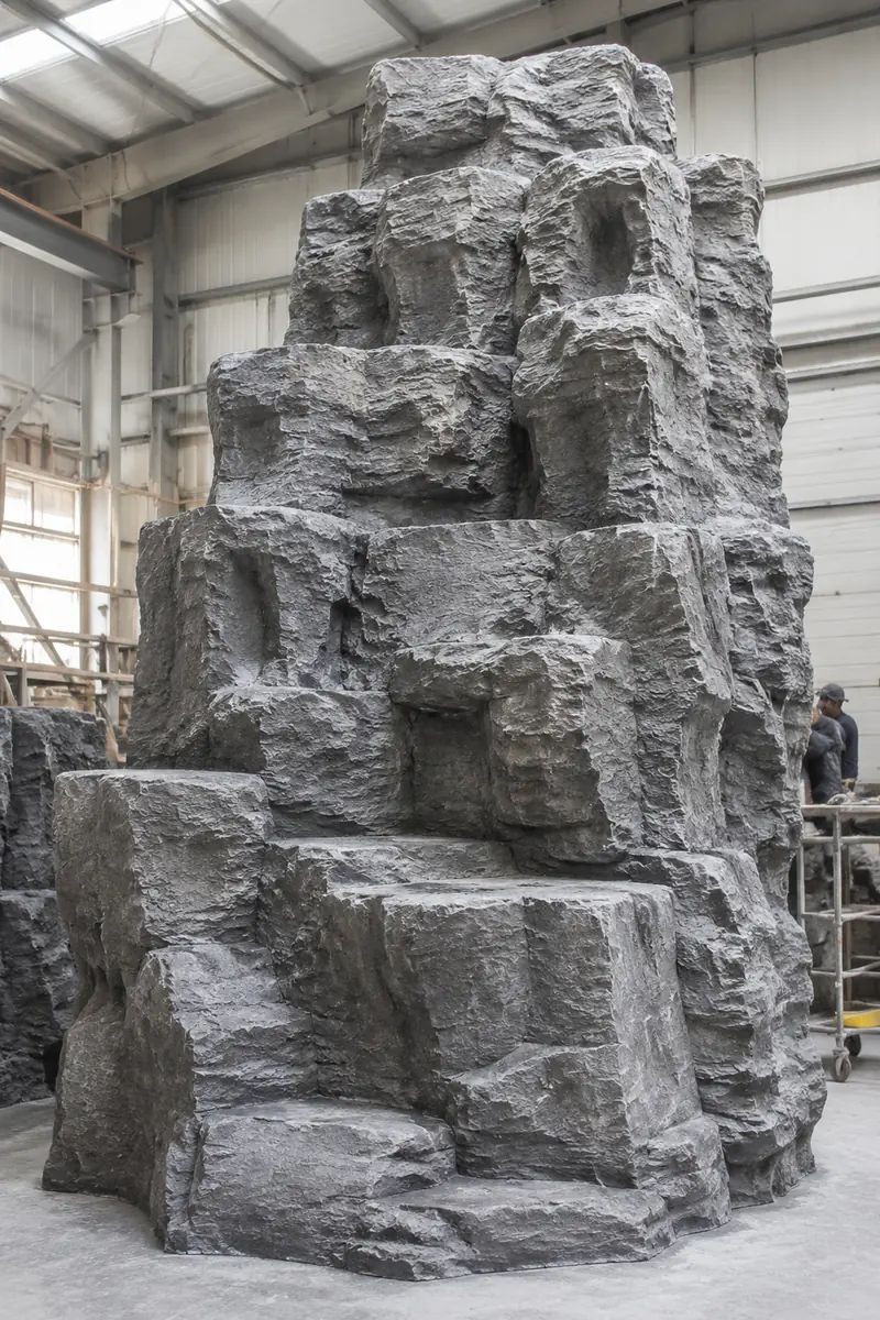Large custom sculptural artificial rock formation under development in a specialist workshop