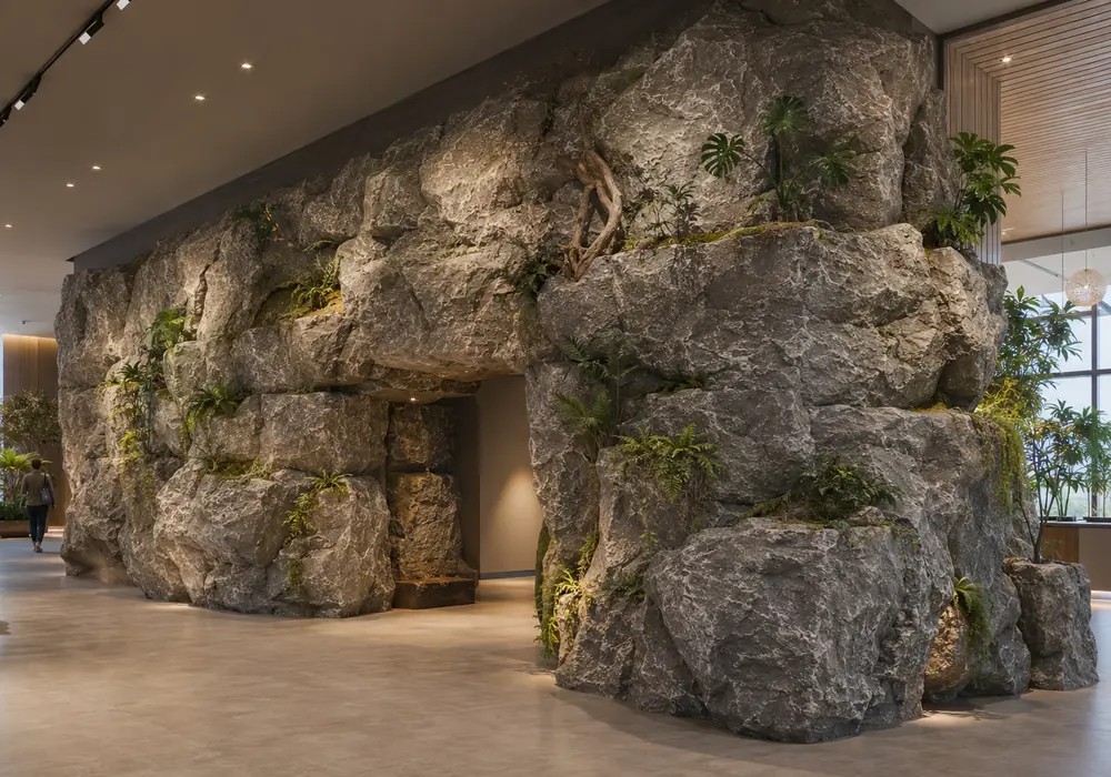 Custom themed faux rock wall with layered stone texture, planting pockets and a recessed opening