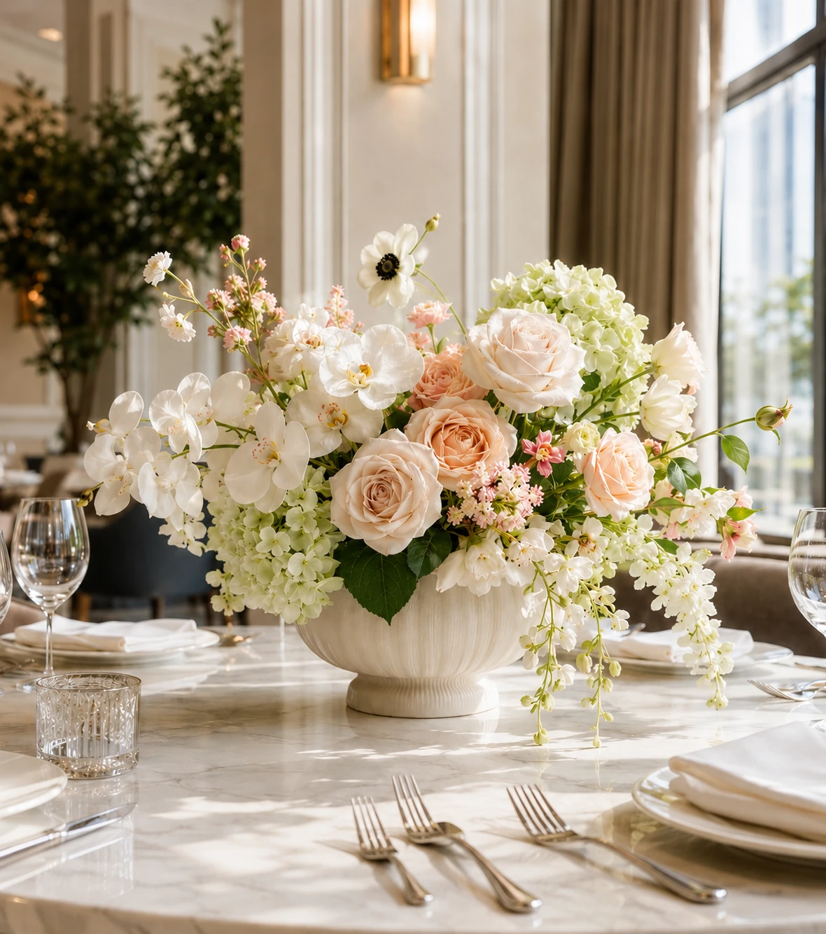 Artificial floral arrangement on a hotel restaurant dining table