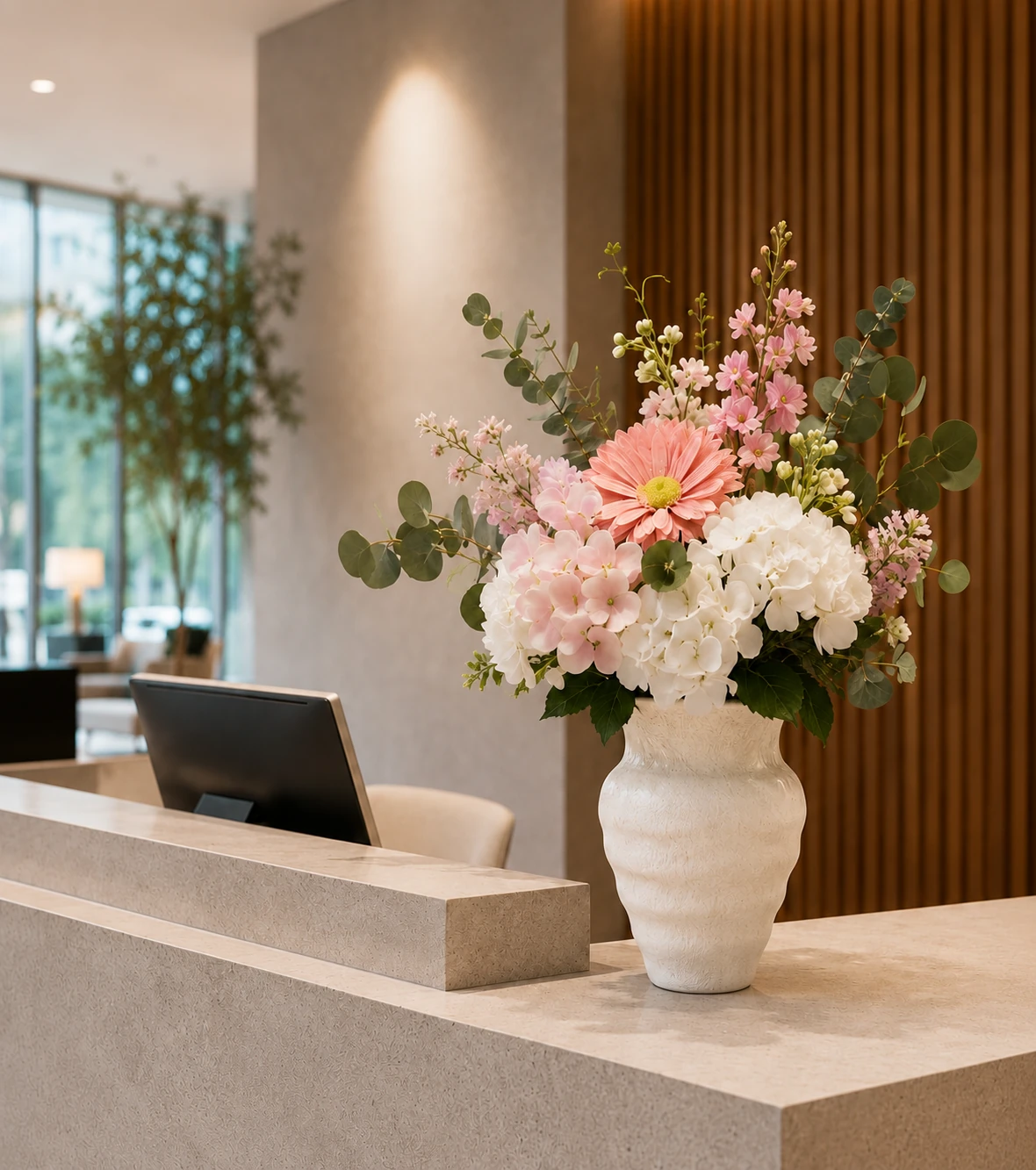 Artificial floral arrangement displayed on an office reception desk