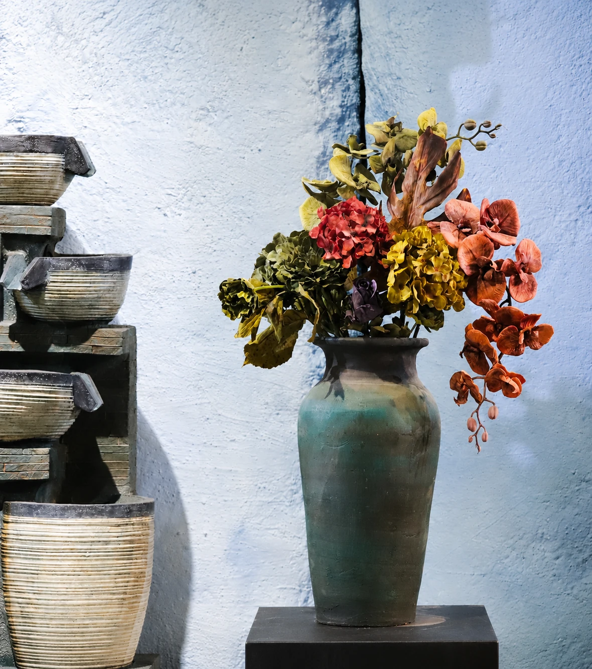 Artificial floral display in a retail and commercial interior