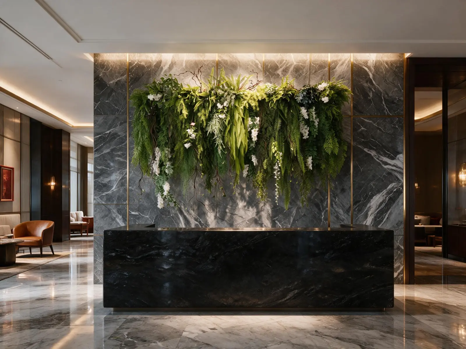 Cascading artificial greenery behind a reception desk in a commercial interior