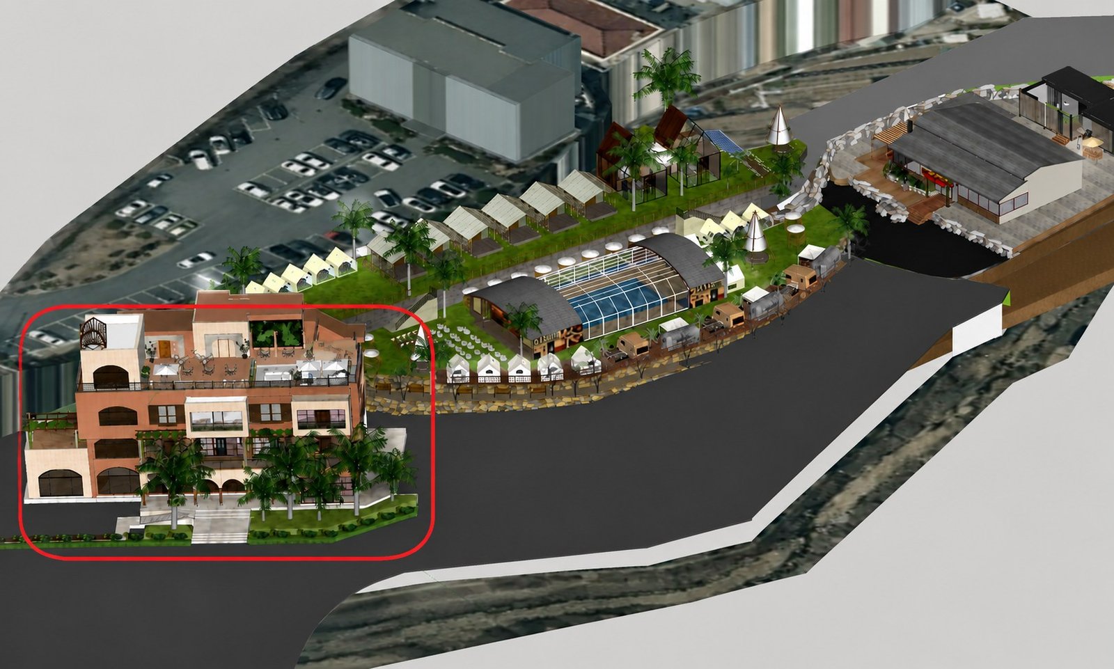 3D concept render showing the planned artificial palm tree design for Busan hospitality project
