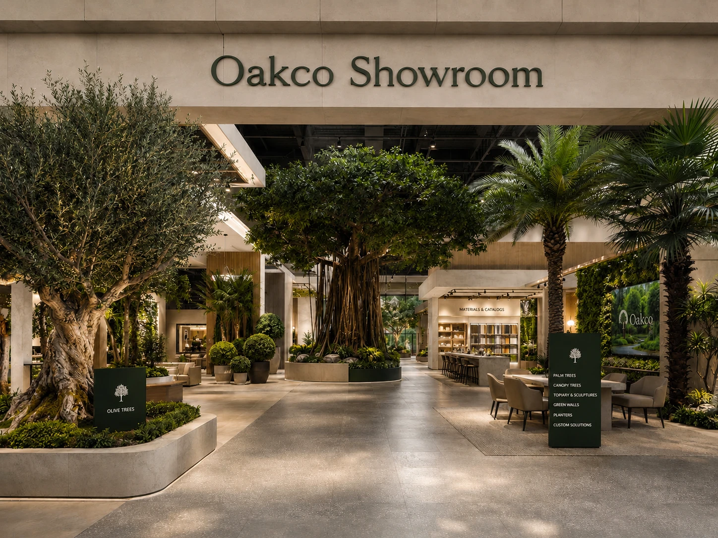 Oakco showroom featuring custom artificial trees and greenery solutions Oakco showroom featuring custom artificial trees and greenery solutions for commercial projects