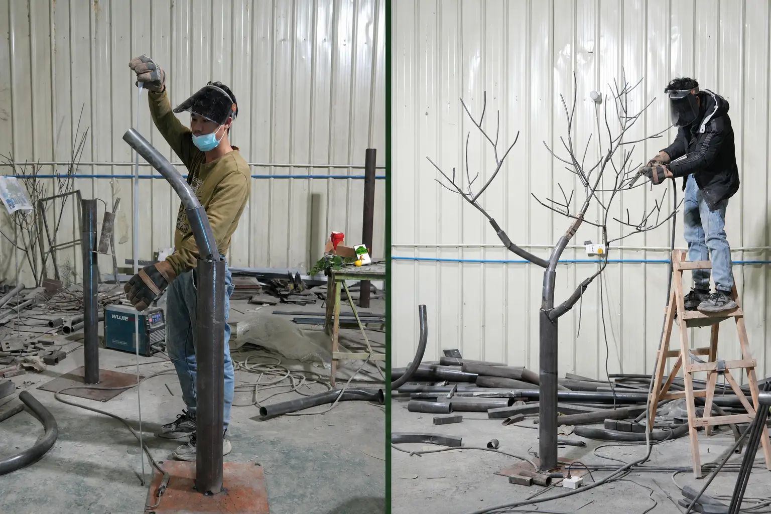 Oakco technicians aligning a curved steel trunk and welding the internal framework of a custom artificial tree