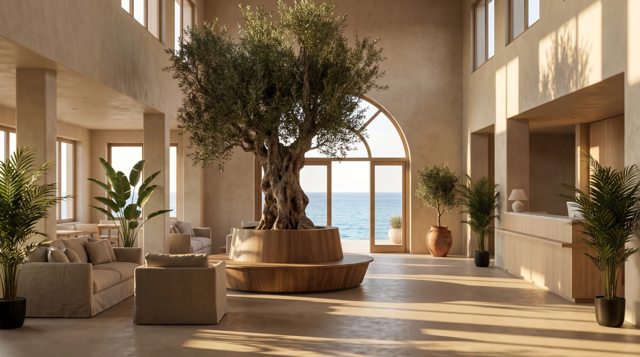 Large artificial olive tree installed in a hospitality interior