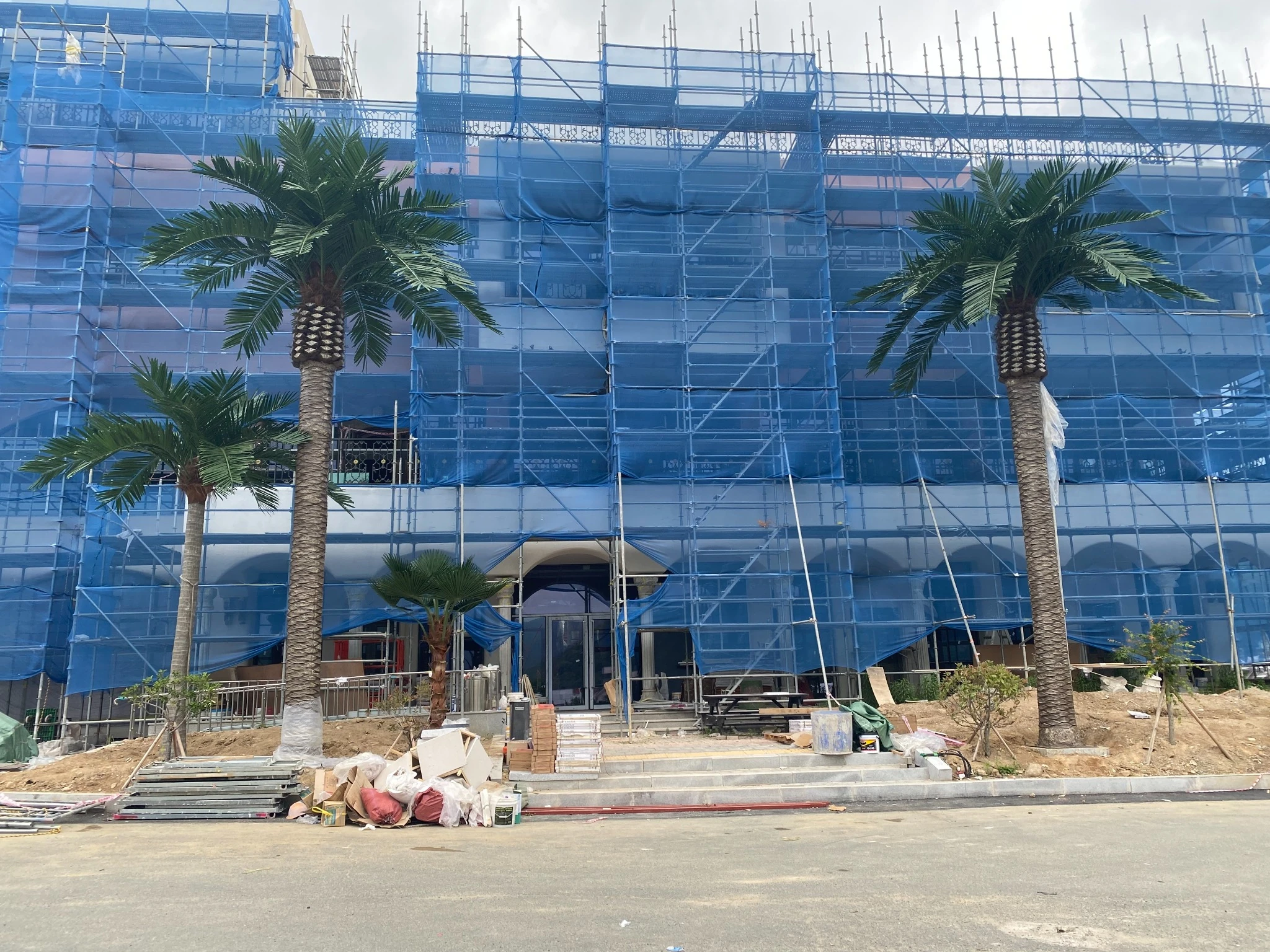 Outdoor artificial palm trees installed on site after final inspection