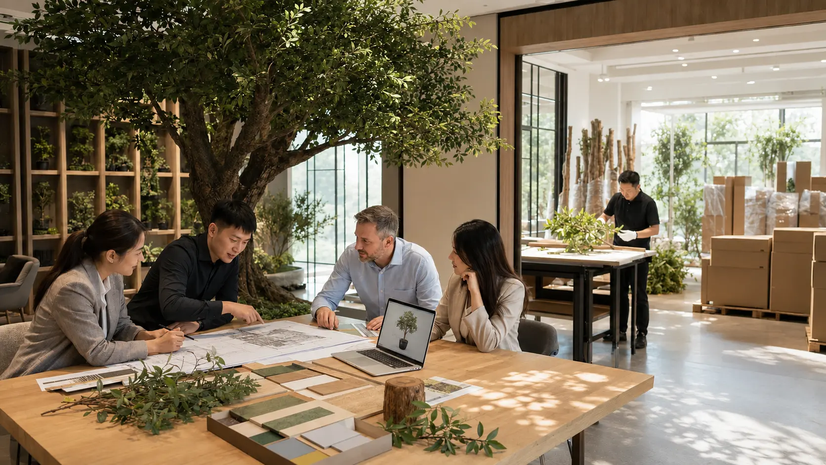 Oakco team reviewing artificial tree project details and material samples with a partner