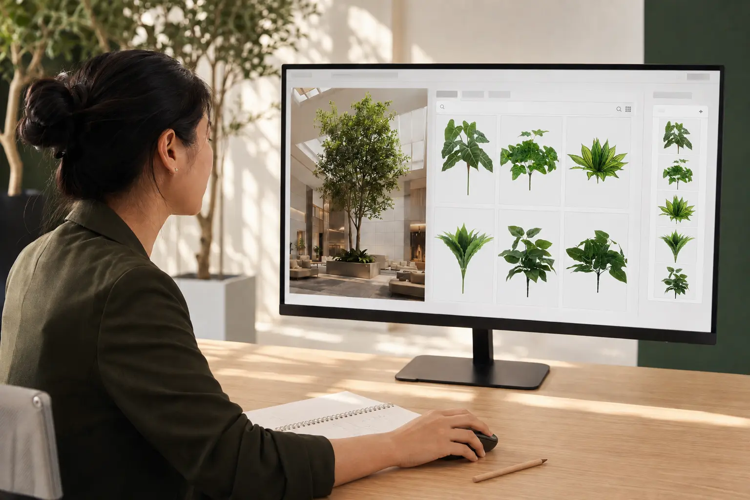 Oakco sales specialist selecting suitable artificial plants from the product library for a client project.