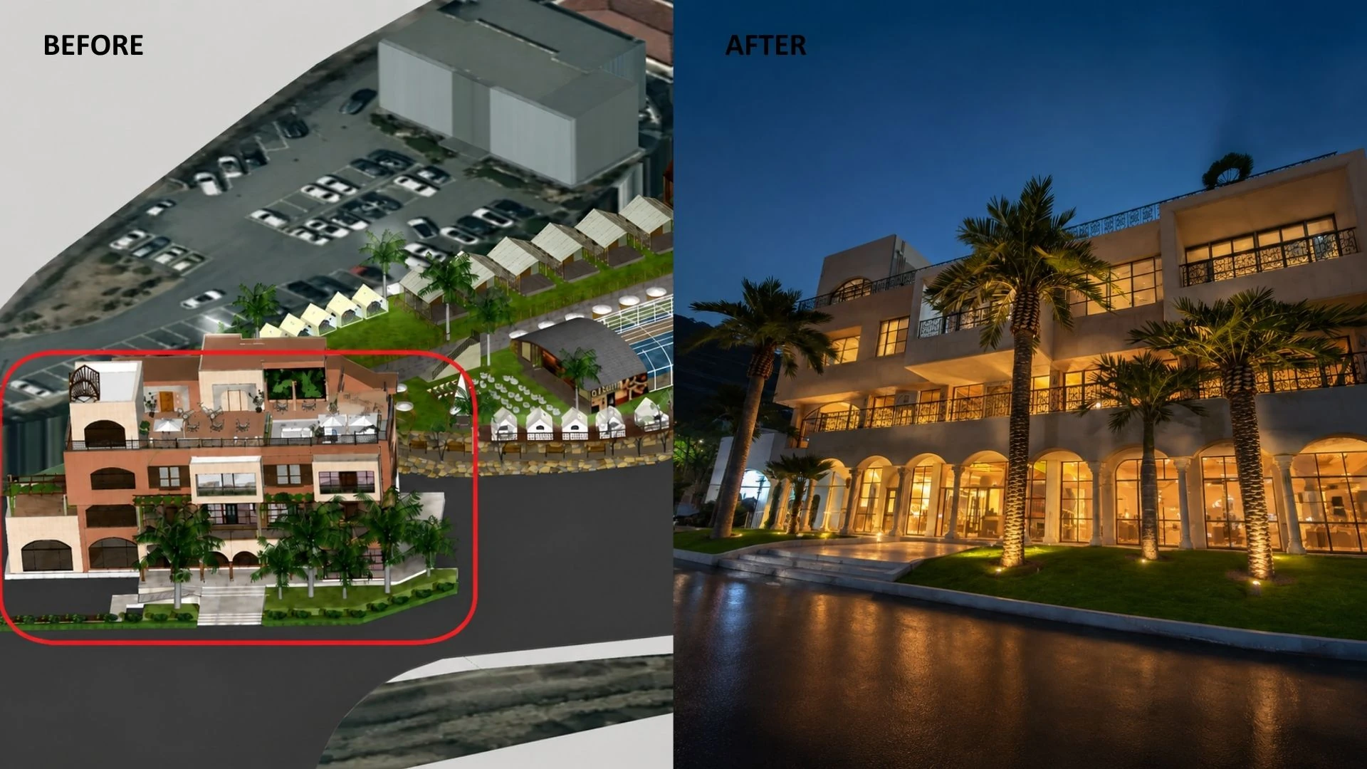 Before-and-after comparison of an Oakco custom artificial palm tree project from reference to completed installation.