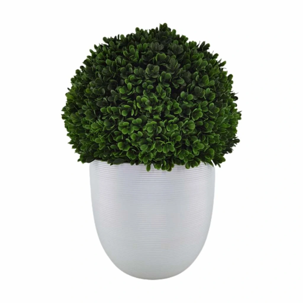 Artificial boxwood ball topiary in a tall woven square planter