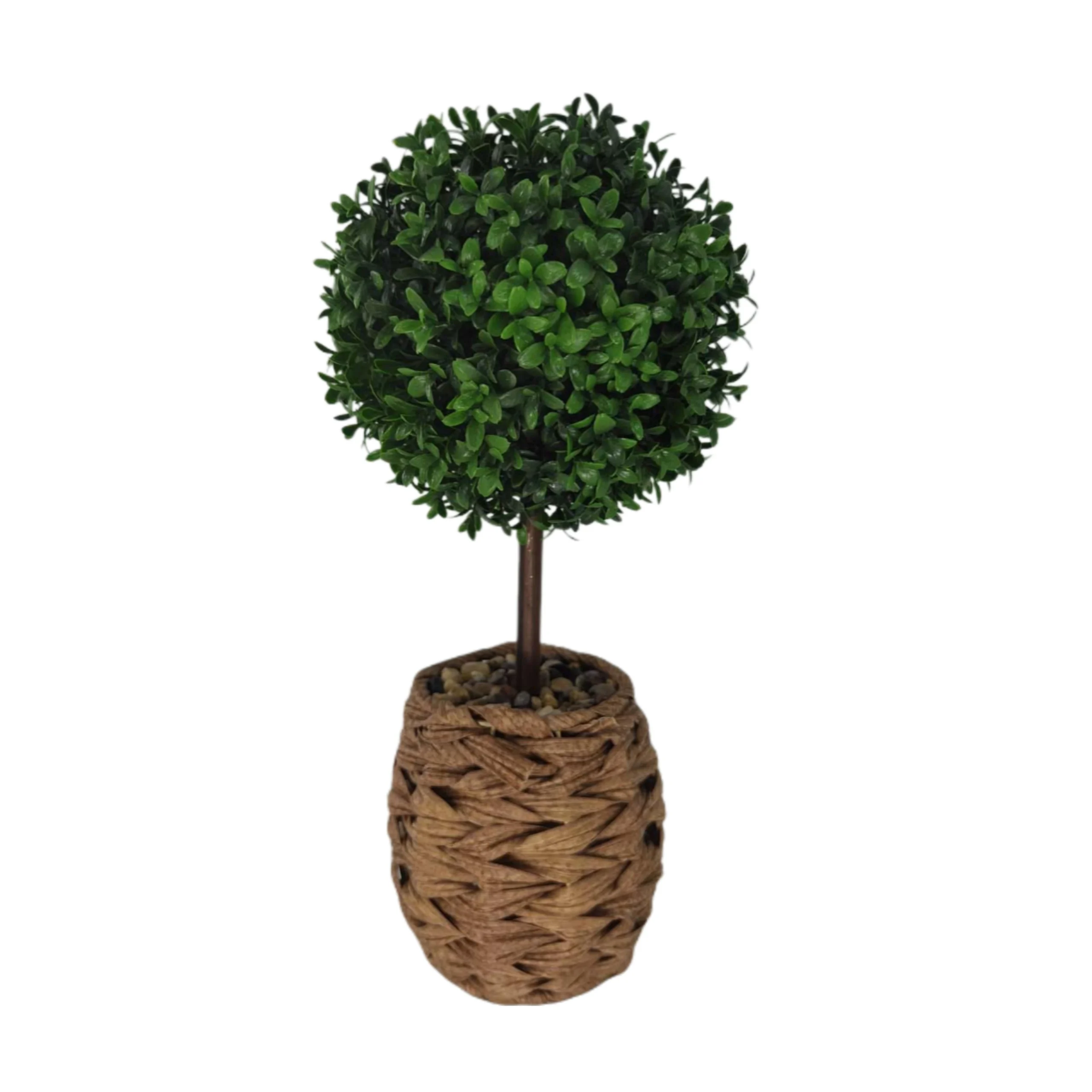 Artificial boxwood single ball tree in a woven decorative pot