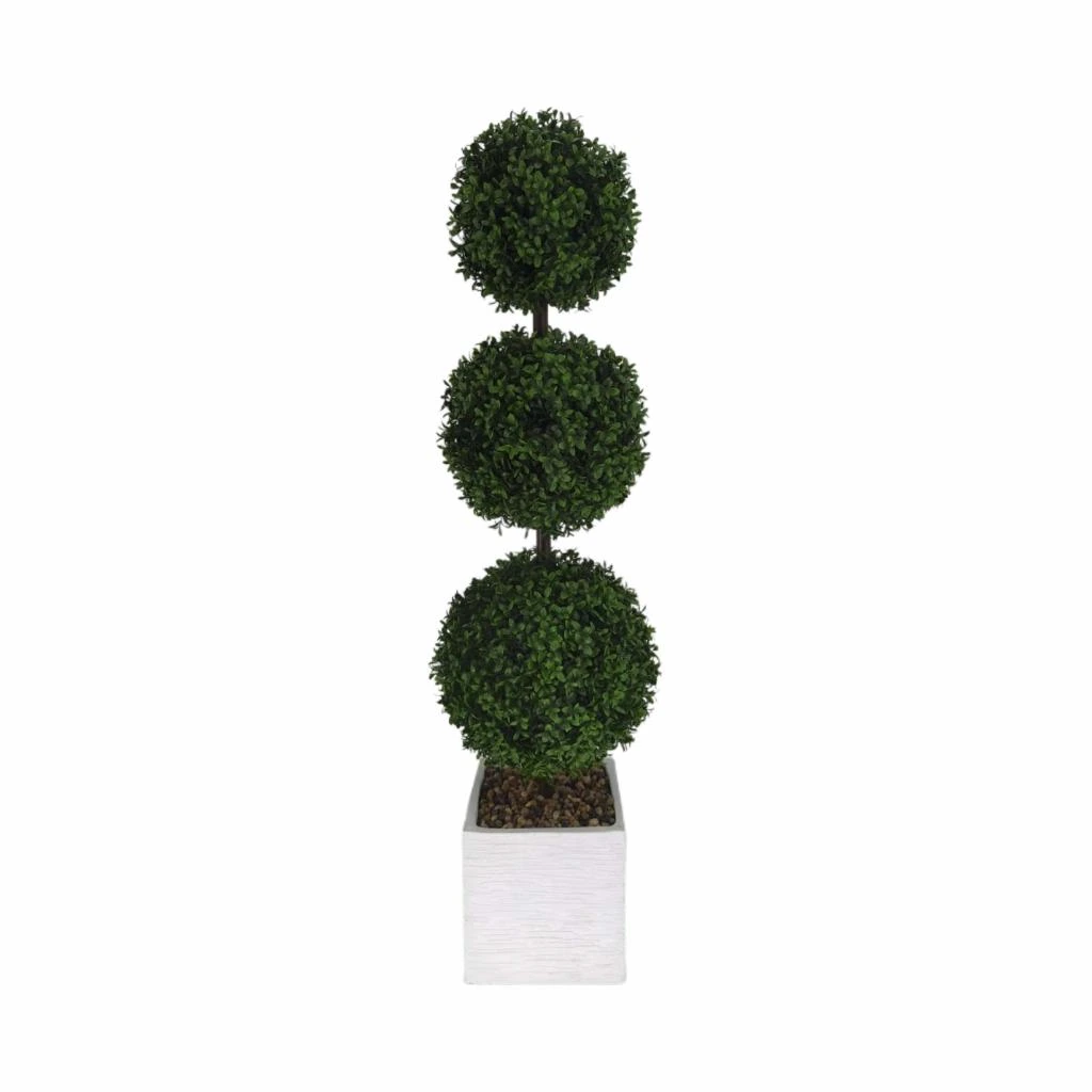 Artificial boxwood tree with three rounded foliage balls in a square planter