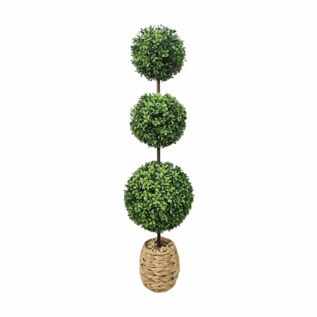 Artificial boxwood triple ball tree in a woven decorative pot