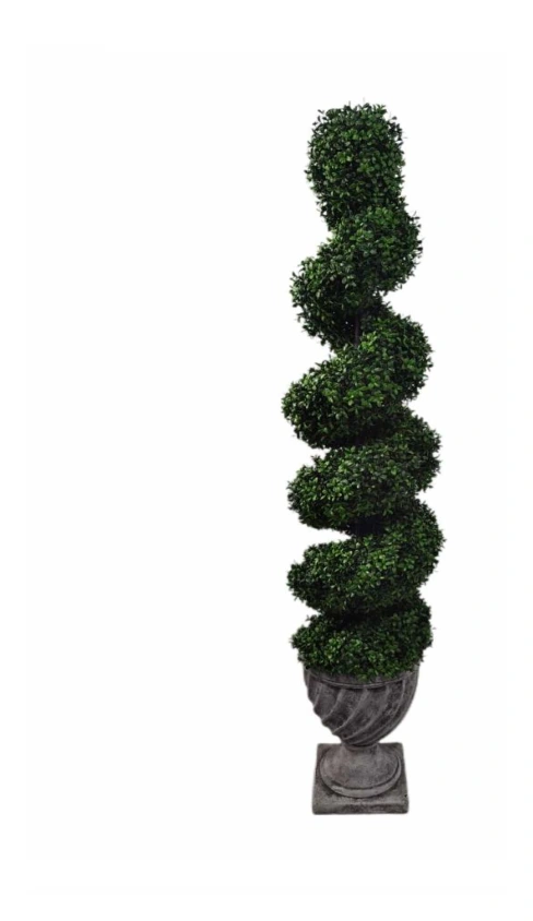 Artificial spiral topiary tree displayed in a decorative planter