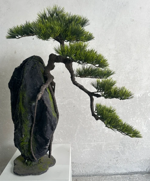 Artificial bonsai product 1882023C67 with broad crown and exposed-root base